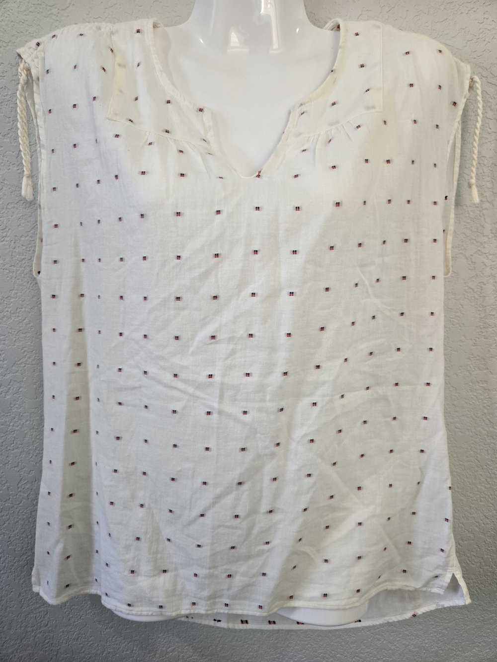 Esprit Cream Cotton Peasant Top with Red Dot Embroidery
